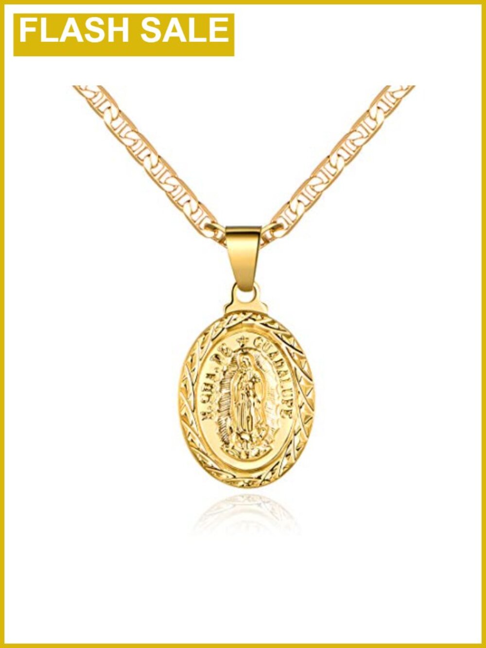 18K Gold Plated Virgin Mary Guadalupe Charm Necklace Flat Mariner Chain